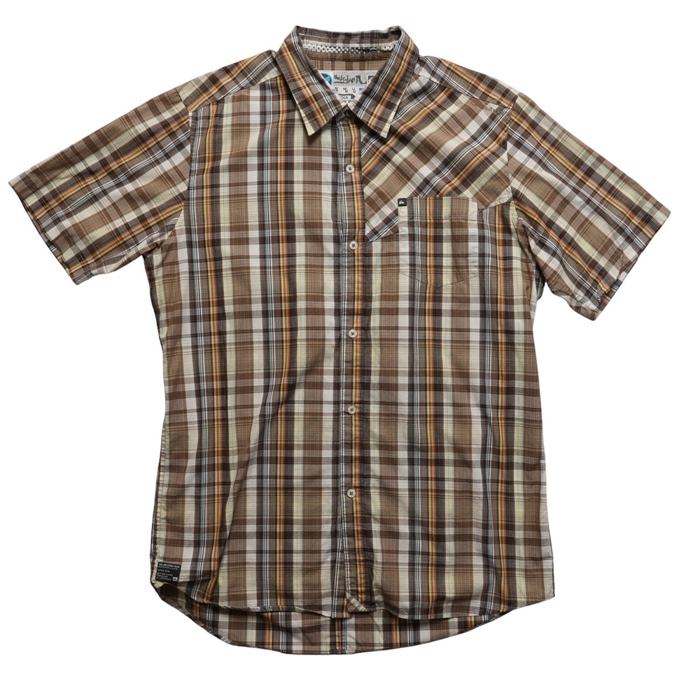 Quiksilver Plaid‎ Button Up Mens XL Brown Short Sleeve Embroidered